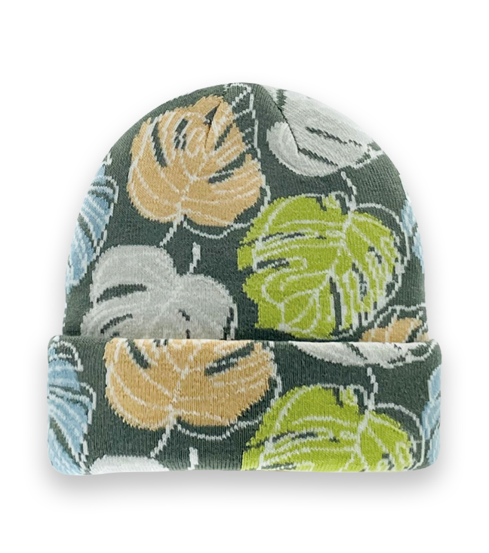 Tropical Leaf Pattern Knit Beanie Hat – Unisex Winter Botanical Streetwear-NI60045