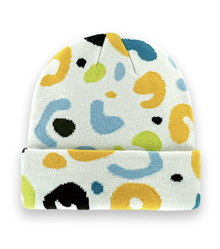 White Abstract Colorful Spot Beanie Hat – Knit Unisex Winter Cap with Playful Style-NI60050