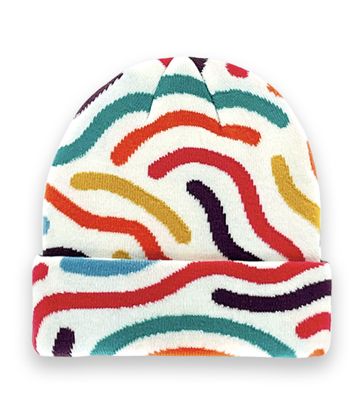 White Colorful Wave Pattern Beanie Hat – Knit Unisex Winter Cap with Retro Style-NI60057