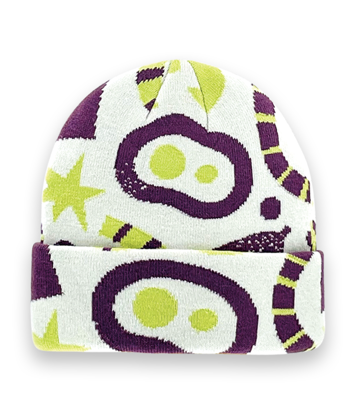 White Abstract Pattern Beanie Hat – Purple and Green Knit Unisex Winter Cap-NI60059