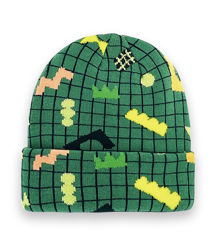 Green Grid Abstract Pattern Beanie Hat – Colorful Geometric Knit Winter Cap-NI60062
