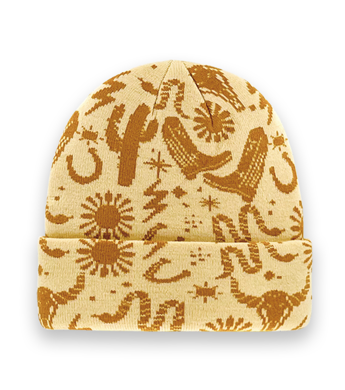 Southwestern Desert Cactus Knit Beanie with Cowboy Boot, Snake, and Sun Pattern – Unisex Winter Hat-NI60063