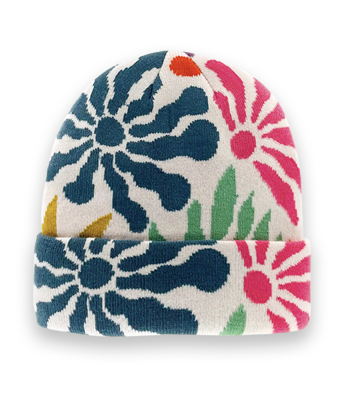 White Floral Knit Beanie – Retro Winter Hat with Colorful Daisy Flower Pattern-NI60075