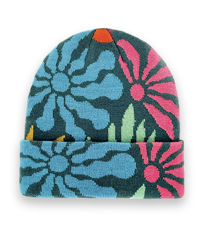 Colorful Floral Knit Beanie – Retro Winter Hat with Bold Daisy Flower Pattern-NI60076