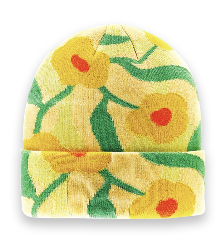 Yellow Floral Knit Beanie – Bright Retro Winter Hat with Bold Daisy Pattern-NI60077