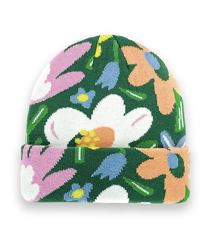 Floral Knit Beanie – Colorful Retro Winter Hat with Bold Daisy Flower Pattern-NI60081