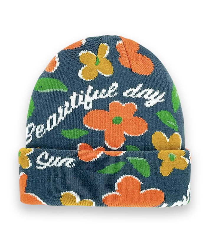 Beautiful Day Floral Knit Beanie – Colorful Winter Hat with Retro Flower Pattern-NI60082
