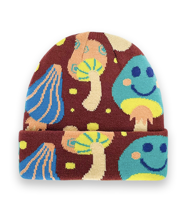 Mushroom Smiley Knit Beanie – Colorful Retro Winter Hat with Playful Psychedelic Design-NI60083