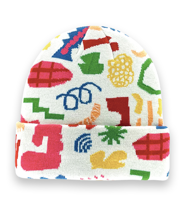 Colorful Abstract Knit Beanie – White Artistic Winter Hat with Playful Geometric Pattern-NI60084