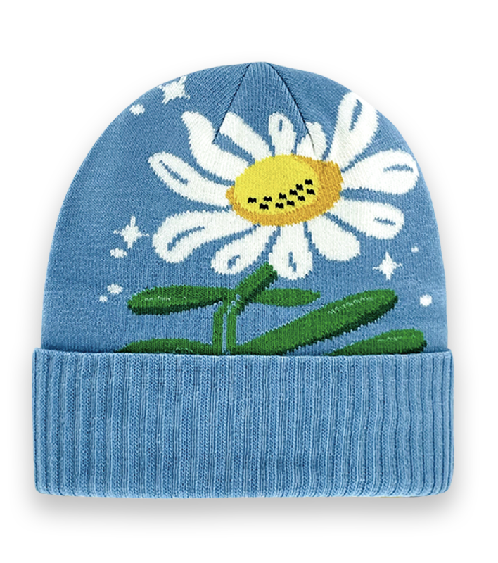 Daisy Flower Knit Beanie – Cute Blue Winter Hat with Floral Embroidered Design-NI60089