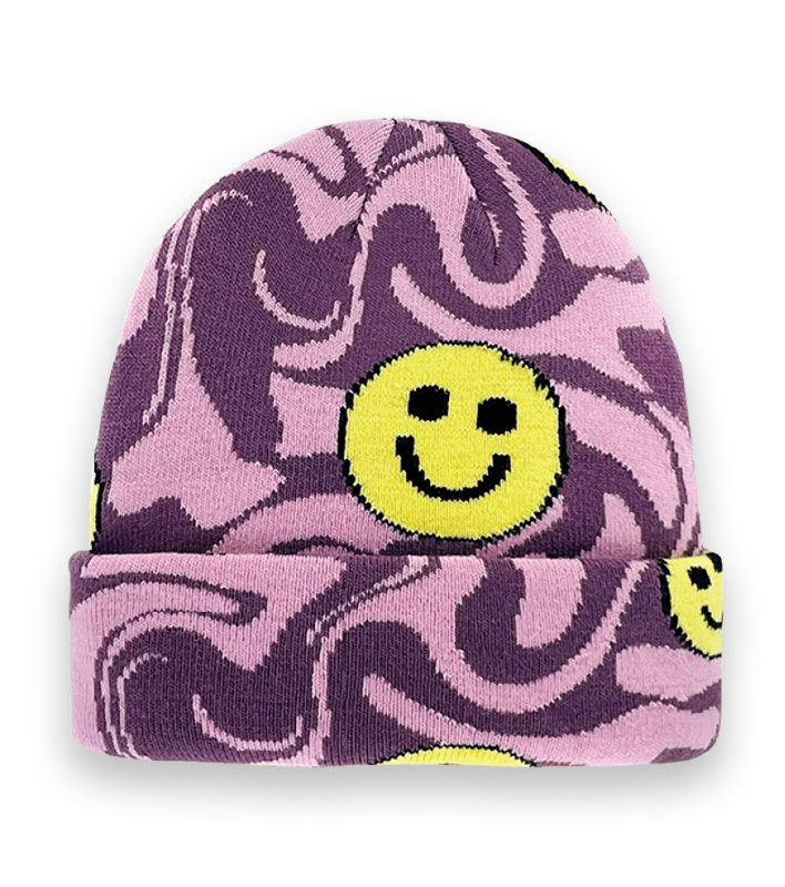 Retro Smiley Face Knit Beanie – Colorful Warm Winter Hat with Psychedelic Pattern-NI60090
