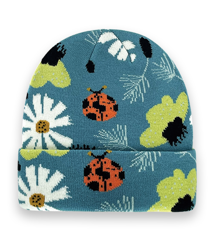 Unisex Knit Beanie with Ladybug and Daisy Flower Pattern, Cute Garden Style Winter Hat-NI60141
