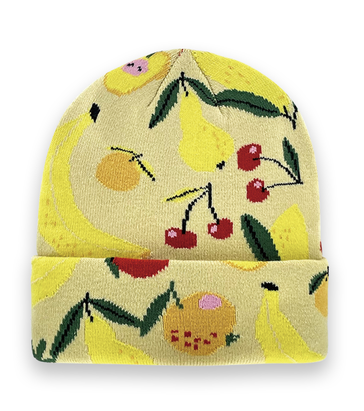 Fruit Pattern Knit Beanie – Colorful Banana Cherry Pear Winter Hat for Women Men-NI60144