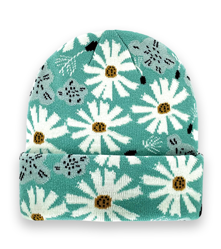 Daisy Flower Knit Beanie – Cozy Winter Hat, Floral Pattern, Cute Aesthetic Streetwear-NI60145