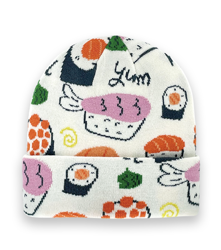 Sushi Beanie – White Knit Winter Hat with Colorful Japanese Food Pattern Unisex-NI60147