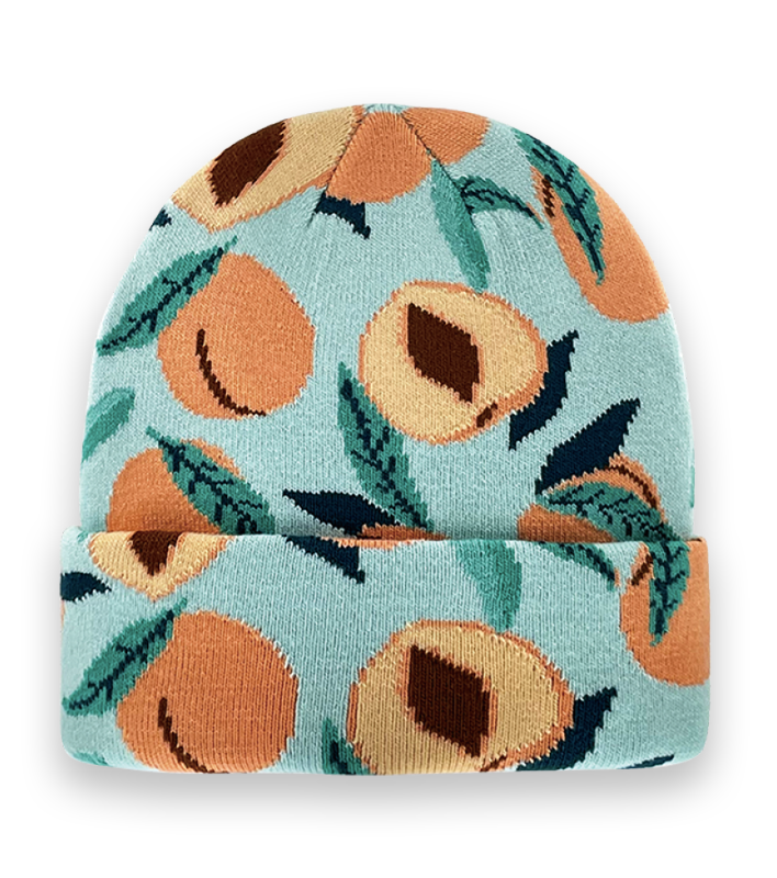 Peach Beanie – Light Blue Knit Winter Hat with Colorful Fruit Pattern Unisex-NI60148