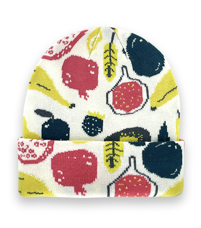 Fruit Beanie – White Knit Winter Hat with Pomegranate, Banana, Fig, and Berry Pattern-NI60149