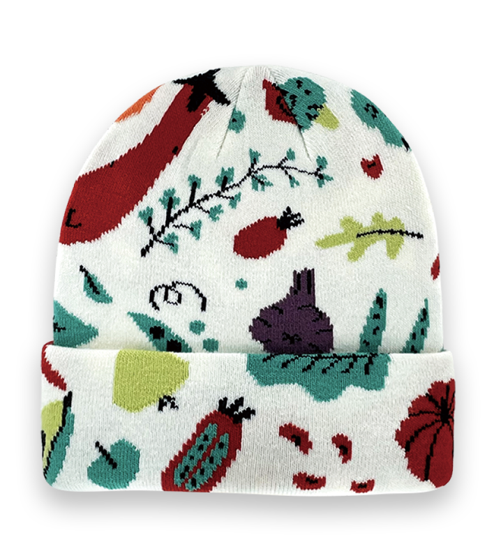 Vegetable Garden Beanie – White Knit Winter Hat with Carrot, Pumpkin, Eggplant, and Leaf Pattern-NI60150