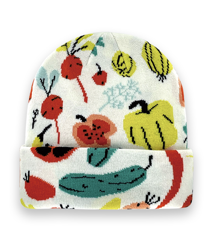 Vegetable Fruit Beanie – White Knit Winter Hat with Colorful Pepper, Tomato, and Cucumber Pattern-NI60151