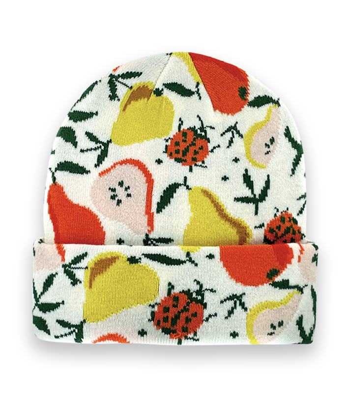 Fruit Beanie – White Knit Winter Hat with Colorful Pear and Strawberry Pattern-NI60152