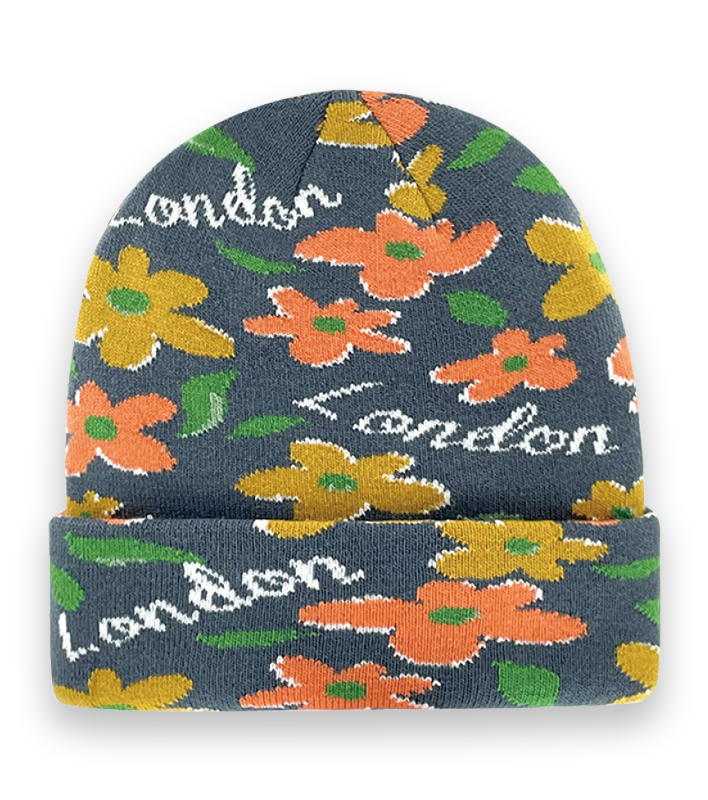 London Floral Beanie – Dark Grey Knit Winter Hat with Colorful Flower Pattern-NI60153