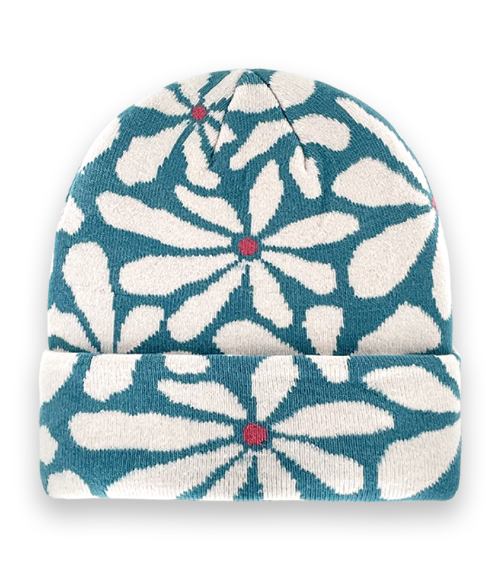 Daisy Flower Beanie – Blue Green Knit Winter Hat with White Floral Pattern-NI60154