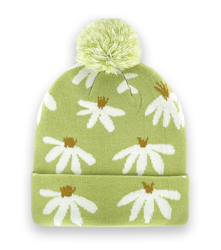 Daisy Flower Beanie – Green Knit Hat with White Floral Pattern, Cozy Winter Pom Cap for Women Girls-NI60159