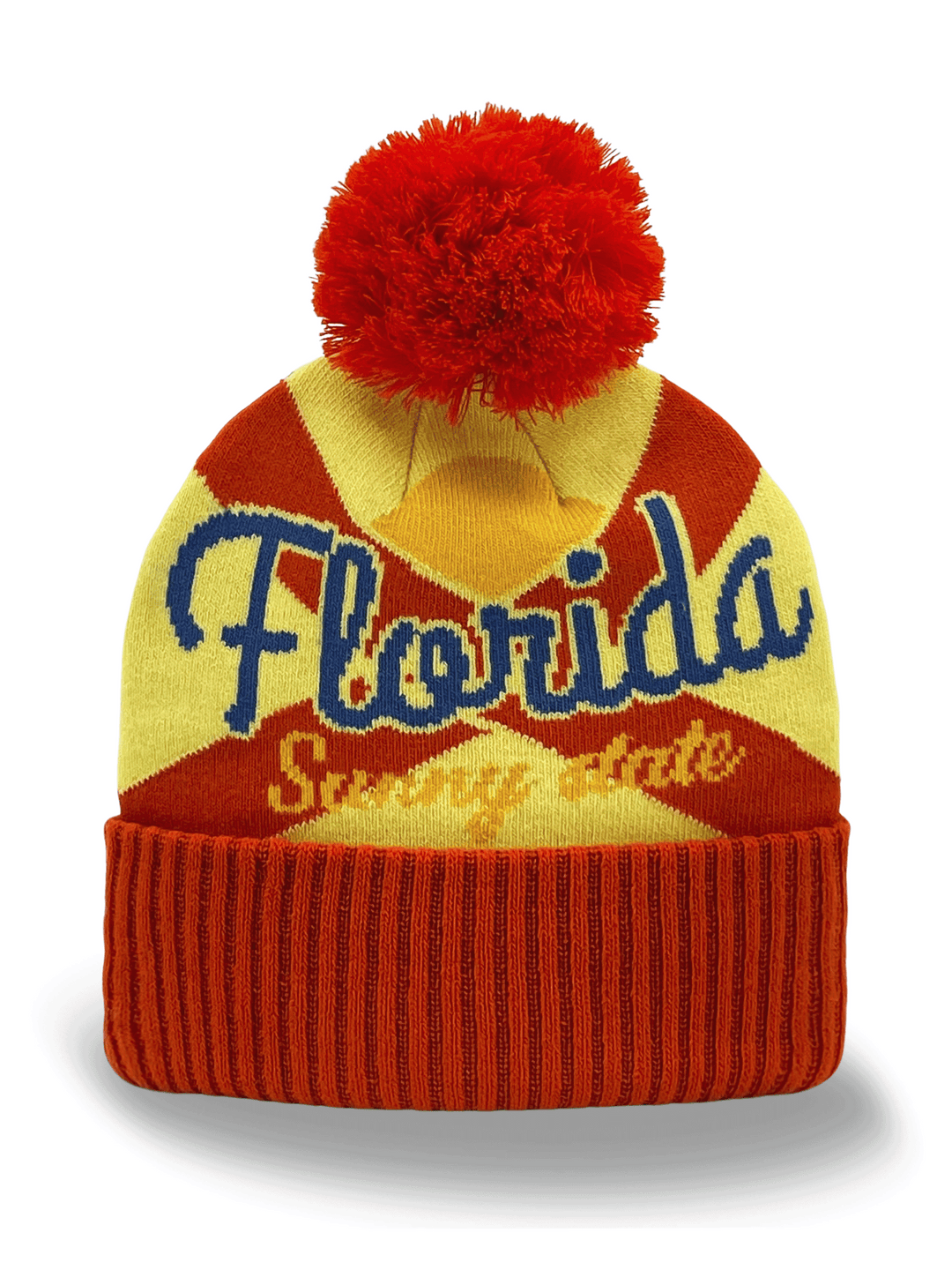 Florida Sunshine State Knit Beanie Hat with Pom Pom, Bold Lettering, and Color Block Design