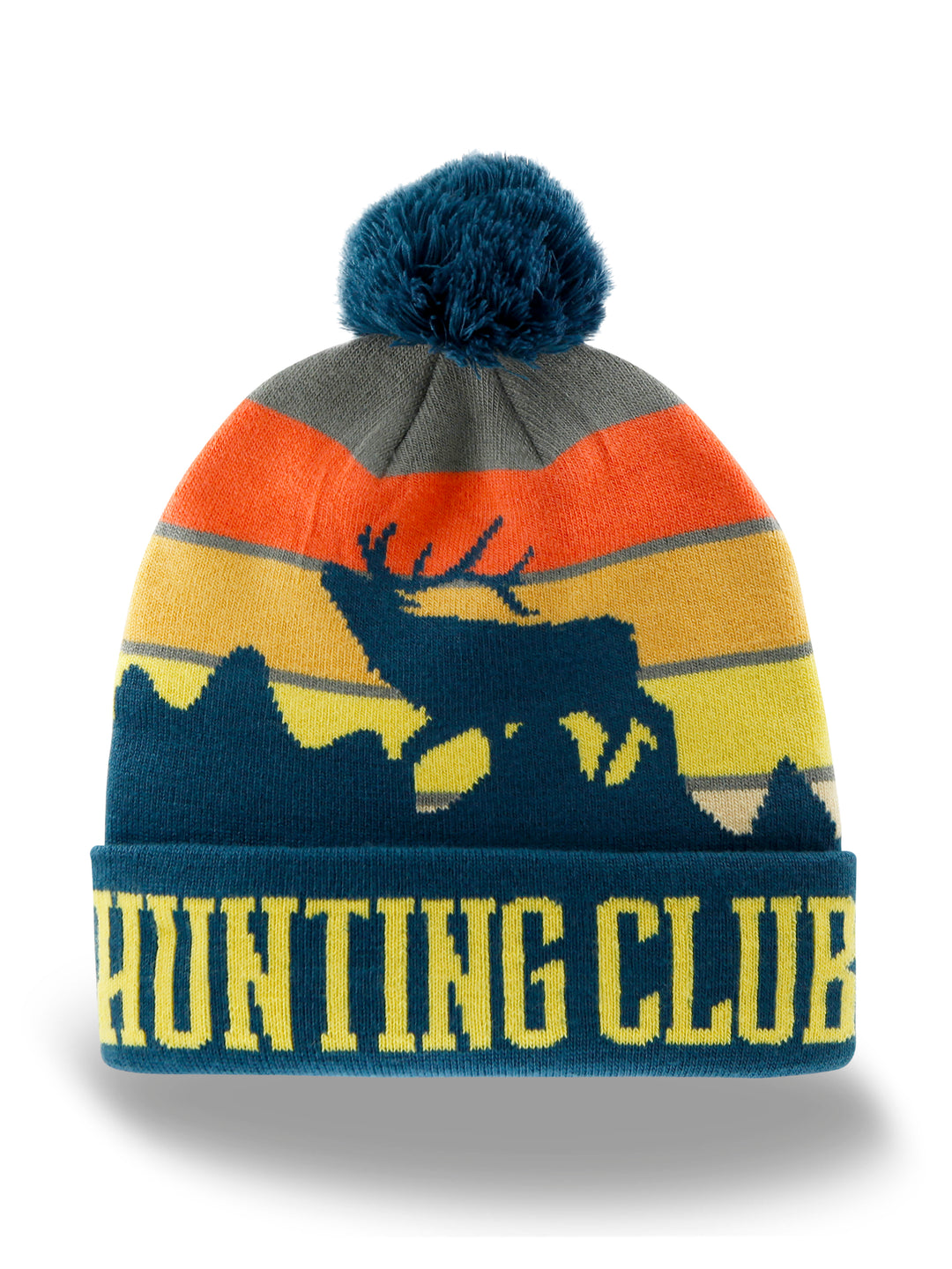 Hunting Club Knit Beanie Hat with Pom | Winter Outdoor Deer Antler Mountain Sunset Cap