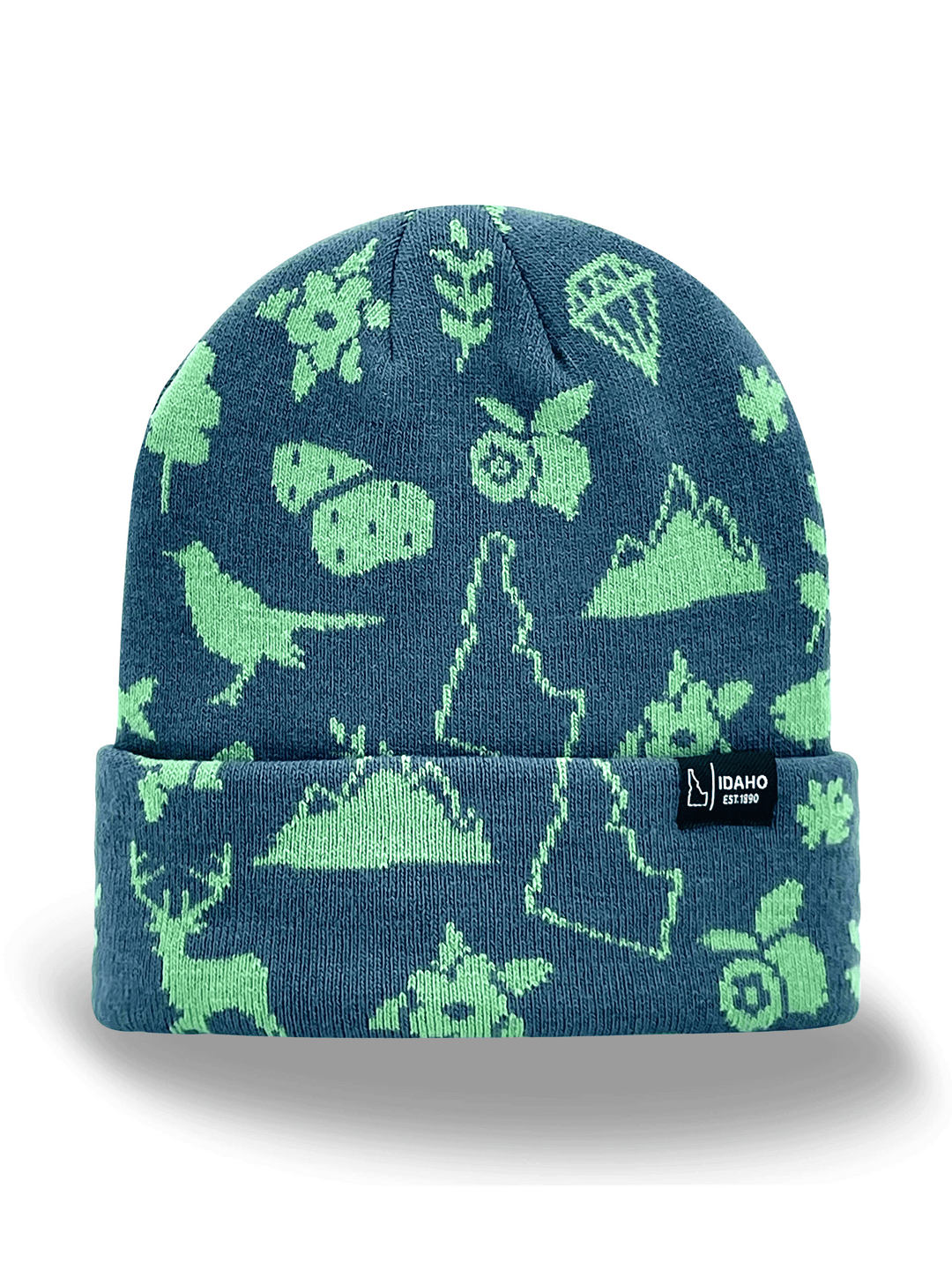 Idaho State Knit Beanie Hat with Mountains, Moose, Potatoes, Flowers, and Outdoor Icons