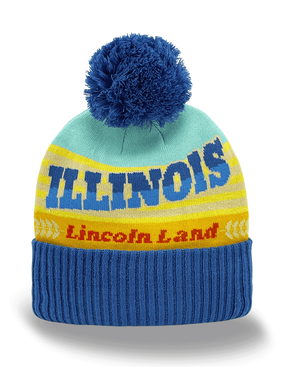 Illinois Lincoln Land Knit Beanie Hat with Stripe Pattern Winter Pom Pom Cap