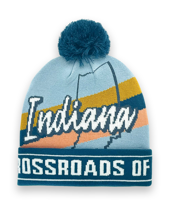 Indiana Knit Beanie Hat with Crossroads of America Design Winter Pom Pom Cap