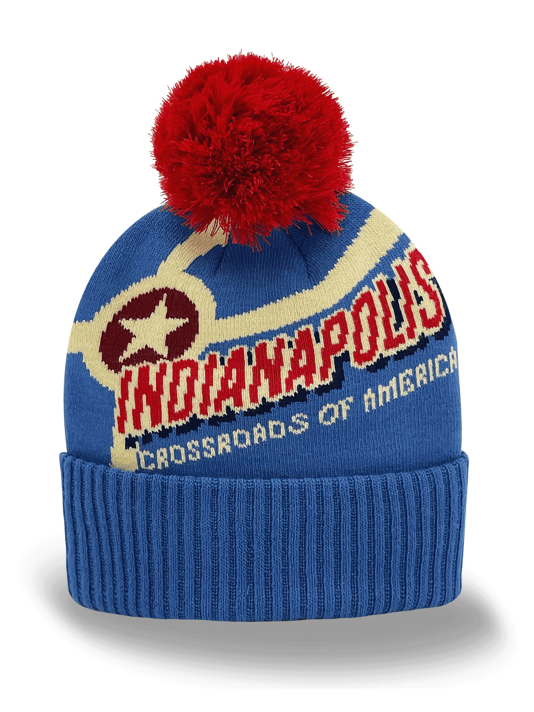 Indianapolis Knit Beanie Hat with Pom Pom, Star, Crossroads of America Letter Design