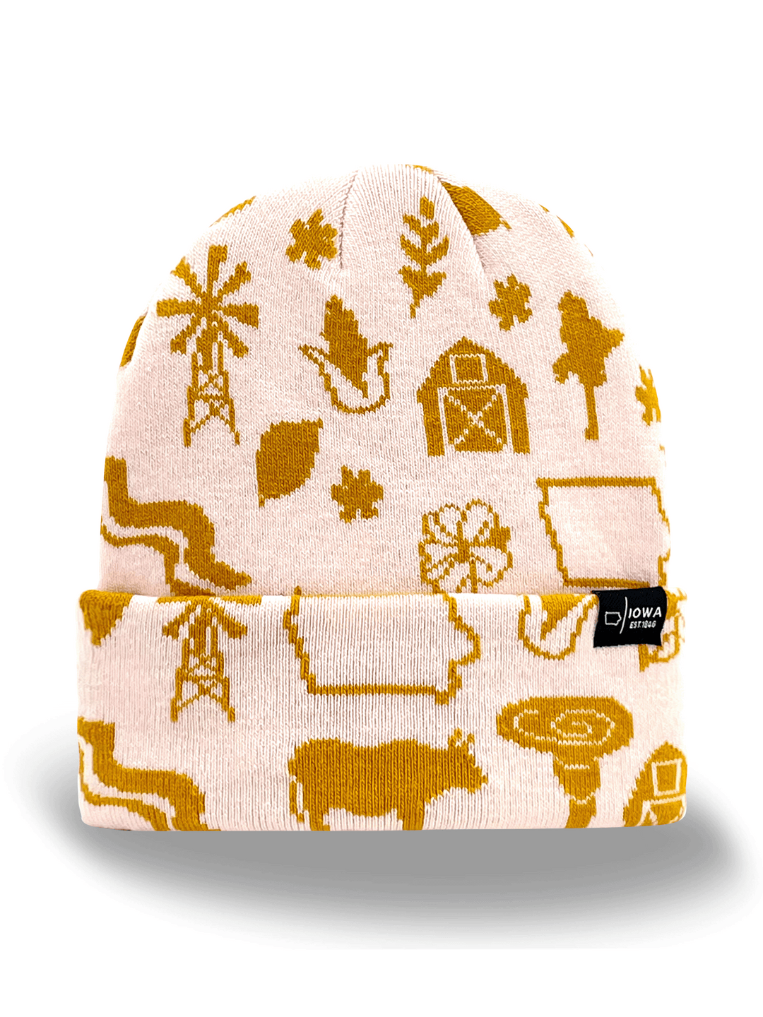 Iowa State Knit Beanie Hat with Barn, Corn, Windmill, Cow, and Farm Icons