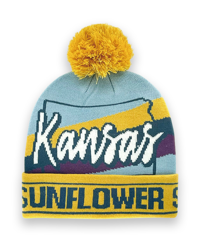 Kansas Beanie Winter Knit Hat with Pom Pom Sunflower State Design