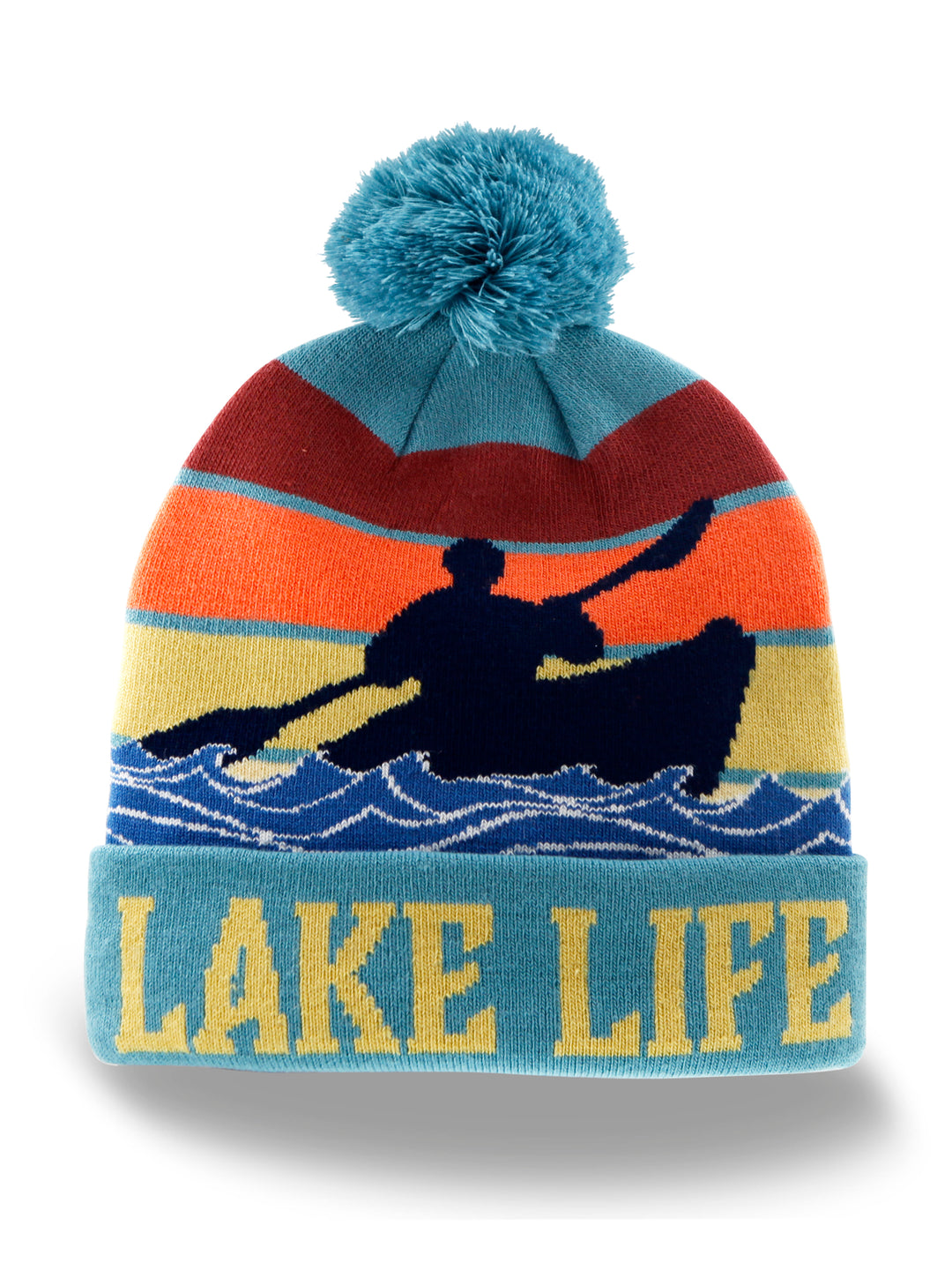 Lake Life Sunset Canoe Knit Beanie with Pom Pom Winter Hat Outdoor Snow Gear