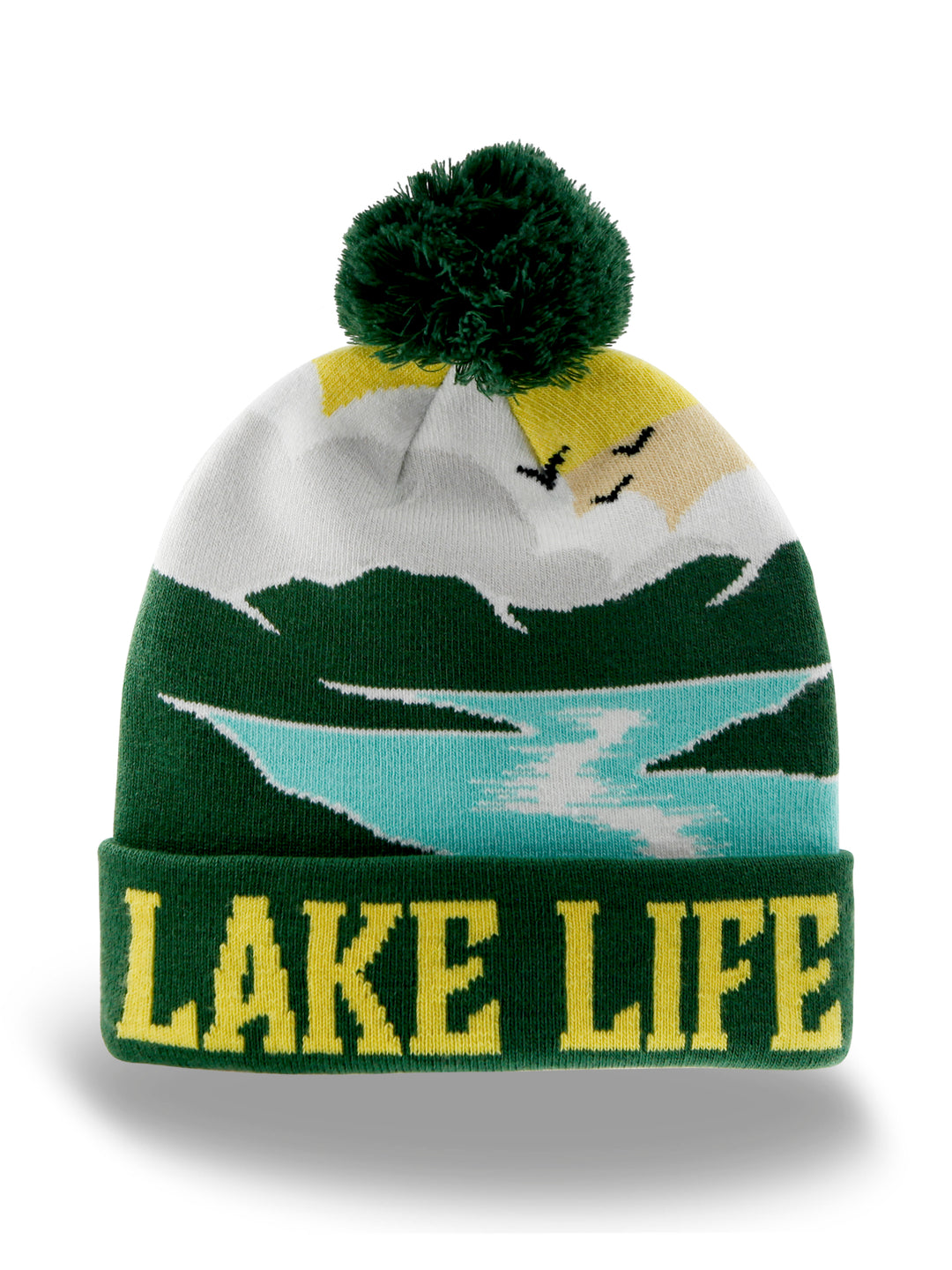 Lake Life Knit Beanie Winter Hat with Pom Pom Mountain Lake Scenic Outdoor Style