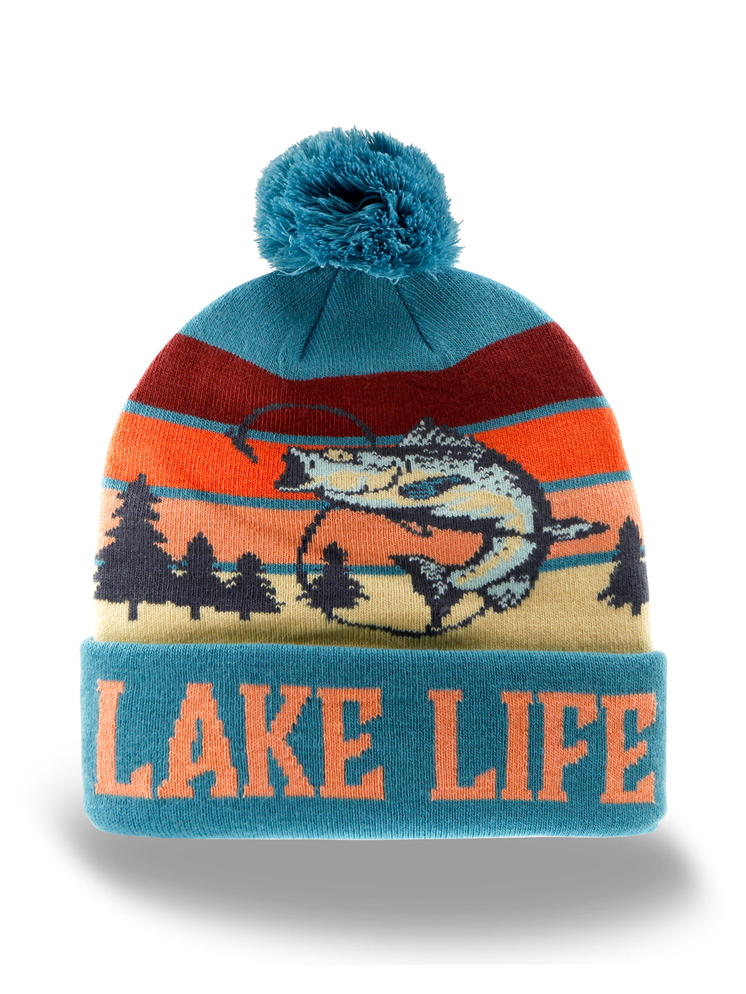 Lake Life Knit Beanie with Pom Pom, Winter Hat for Fishing Outdoor Cabin Adventure