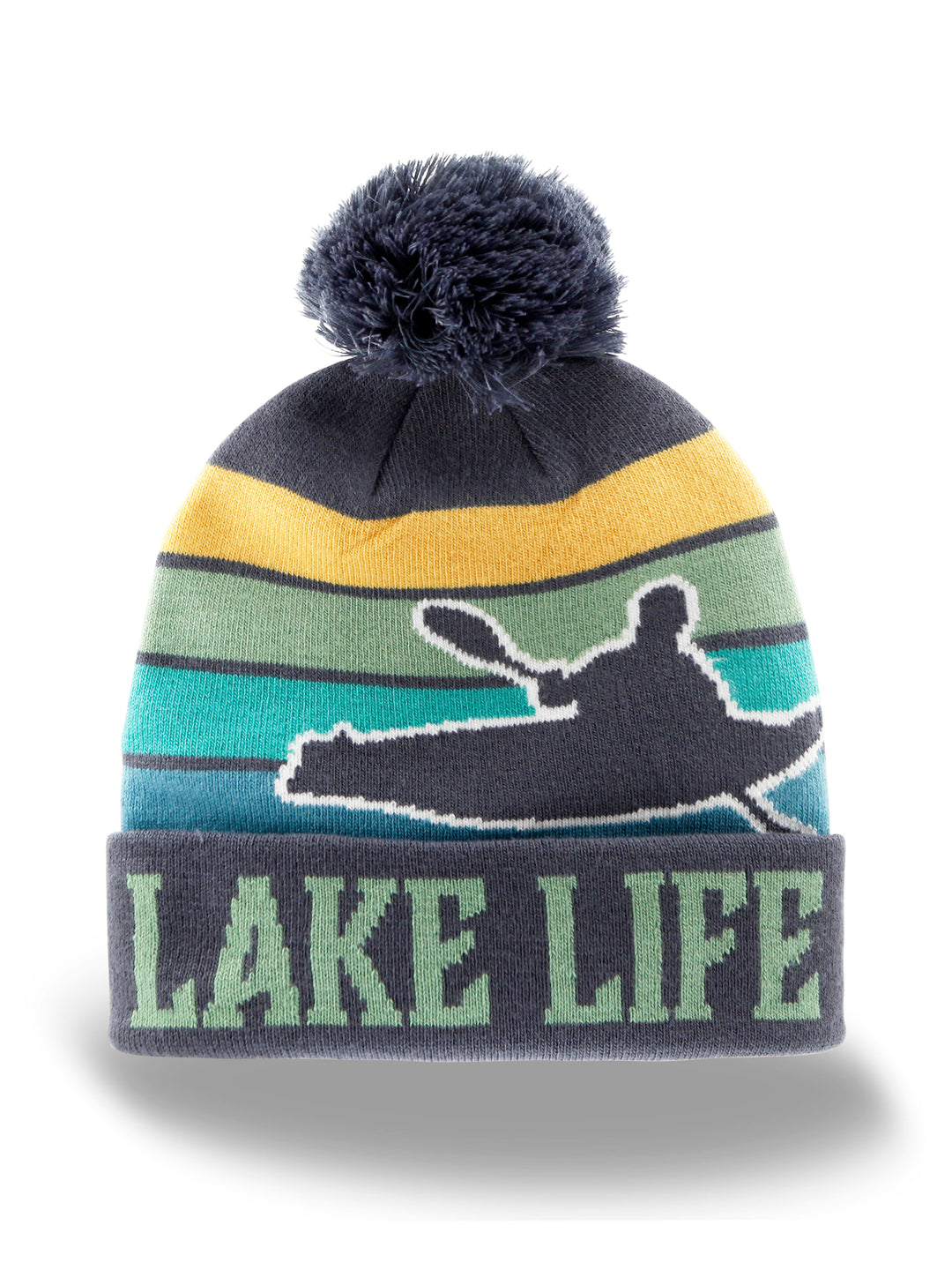 Lake Life Knit Beanie with Pom Pom, Winter Hat for Kayaking Canoeing Outdoor Adventure