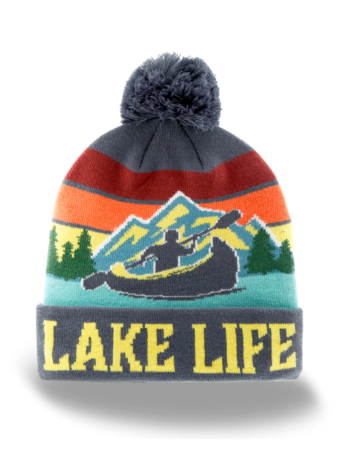 Lake Life Knit Beanie Hat with Pom | Winter Outdoor Canoeing Kayaking Mountain Snow Cap