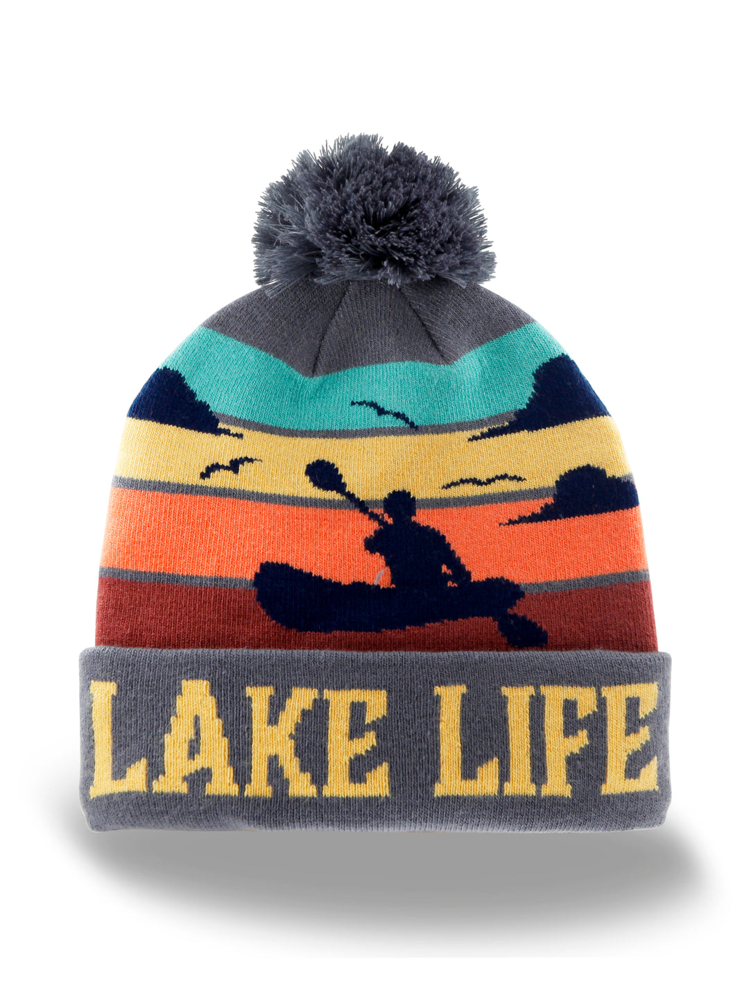 Lake Life Knit Beanie Pom Pom Winter Hat for Kayaking Camping Outdoor Adventure