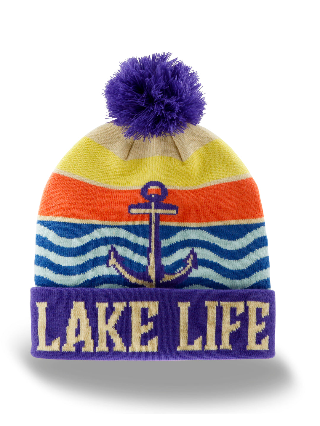 Lake Life Knit Beanie with Pom Pom, Winter Hat for Boating Fishing Outdoor Adventure
