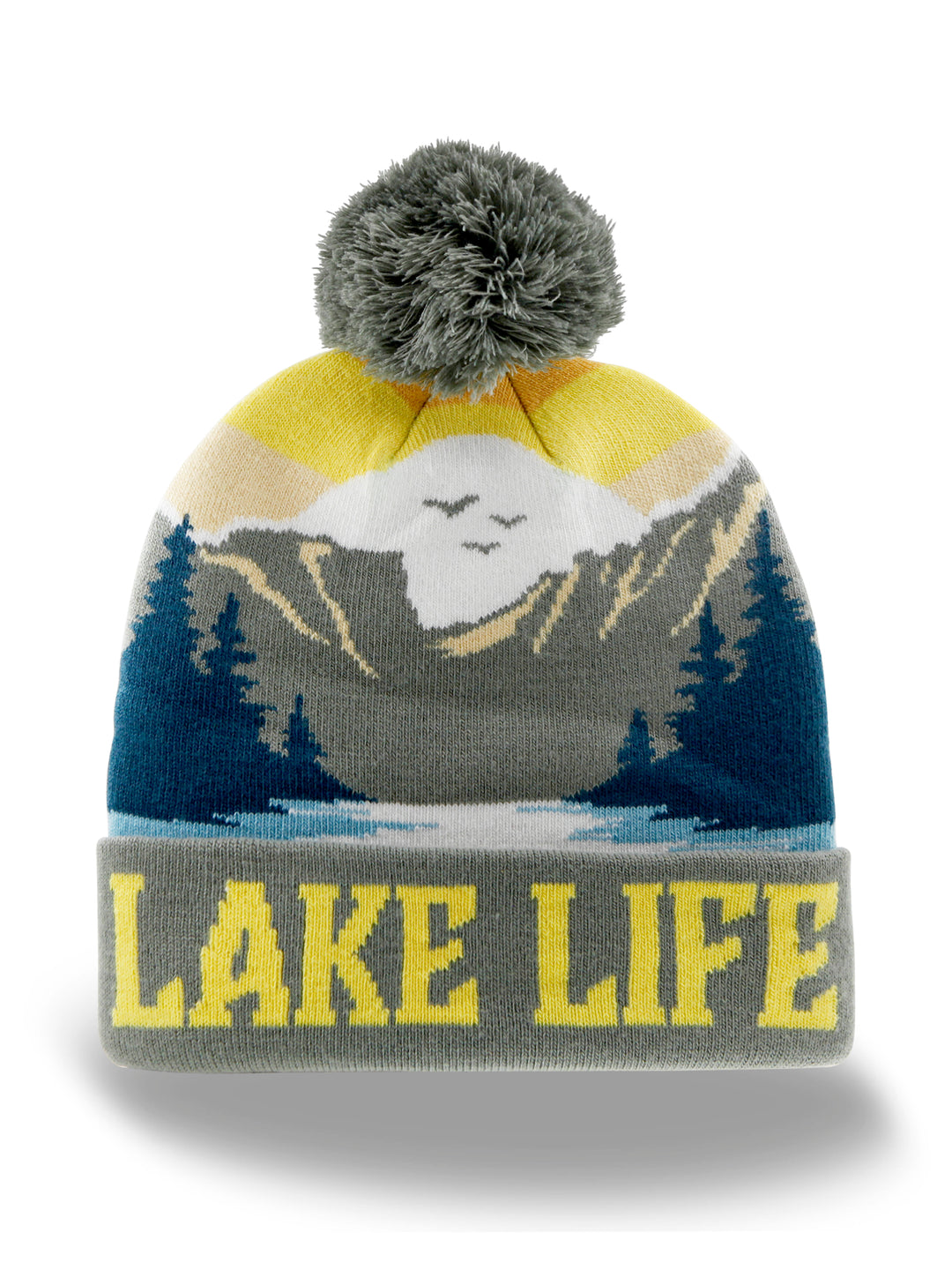 Lake Life Knit Beanie Hat with Pom | Winter Outdoor Mountain Sunset Cabin Snow Cap