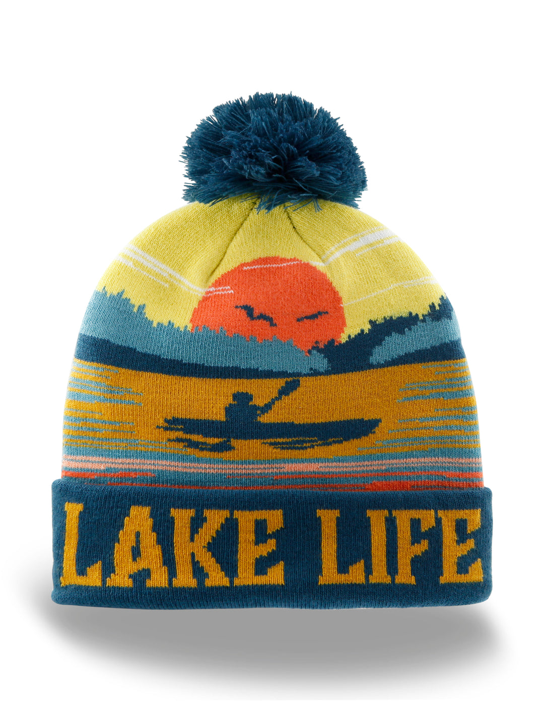 Lake Life Sunset Kayak Knit Beanie with Pom Pom Winter Hat Outdoor Snow Gear