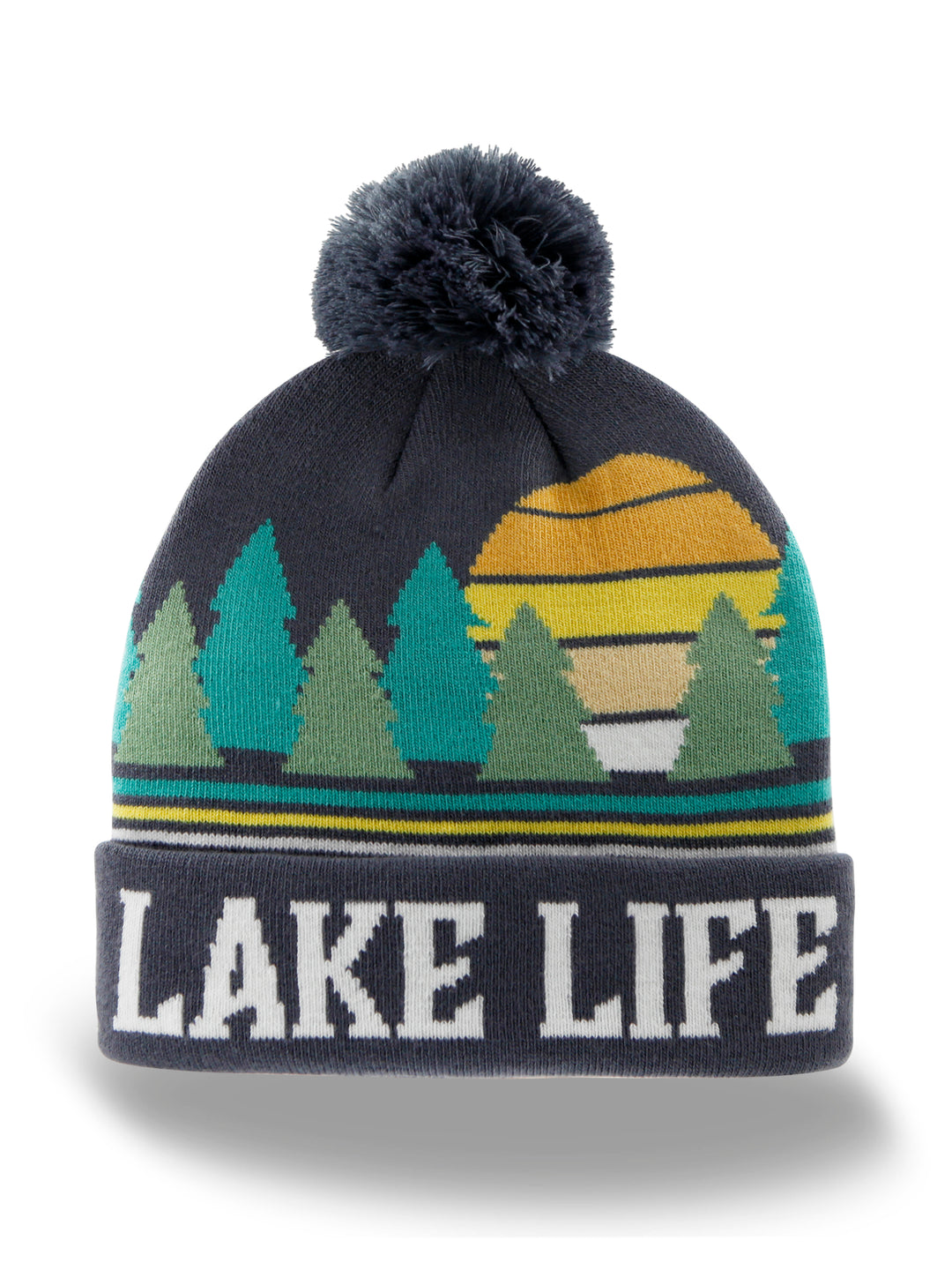 Lake Life Knit Beanie with Pom Pom, Winter Hat for Camping Hiking Outdoor Travel