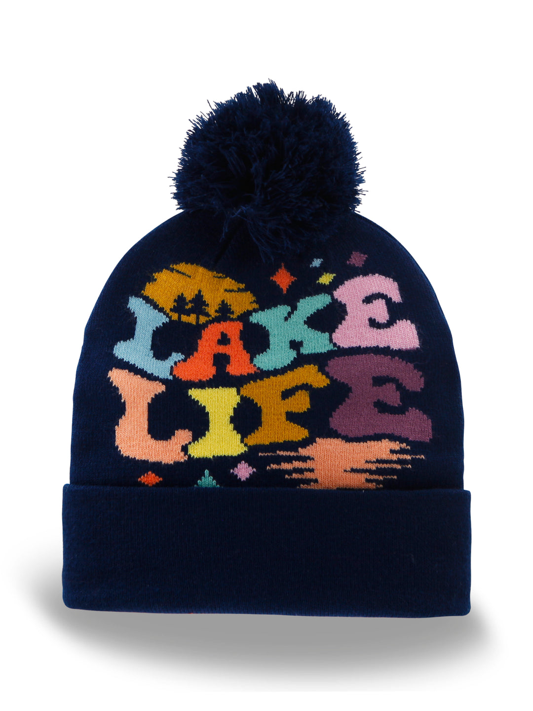 Lake Life Knit Beanie with Pom Pom Winter Hat Colorful Retro Outdoor Snow Gear