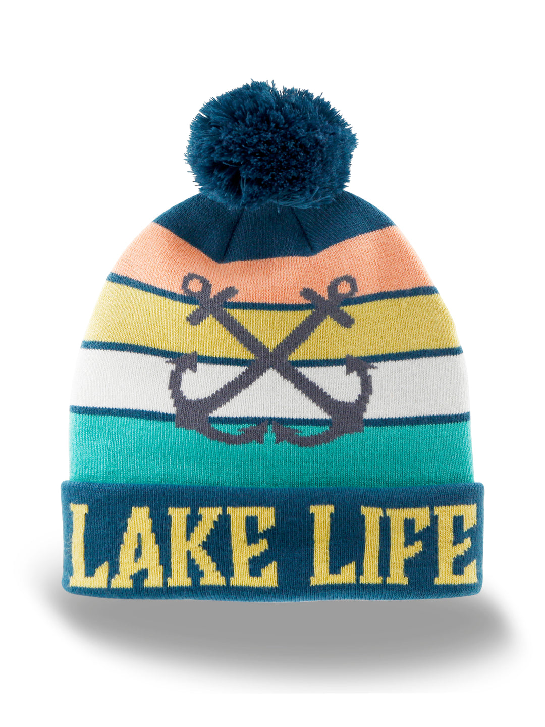 Lake Life Knit Beanie with Pom Pom Winter Hat Striped Design and Oars Graphic