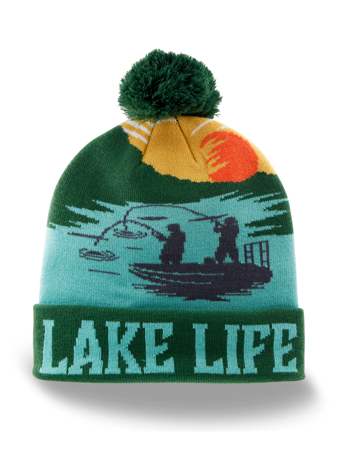Lake Life Knit Beanie with Pom Pom, Winter Hat for Fishing Camping Outdoor Adventure