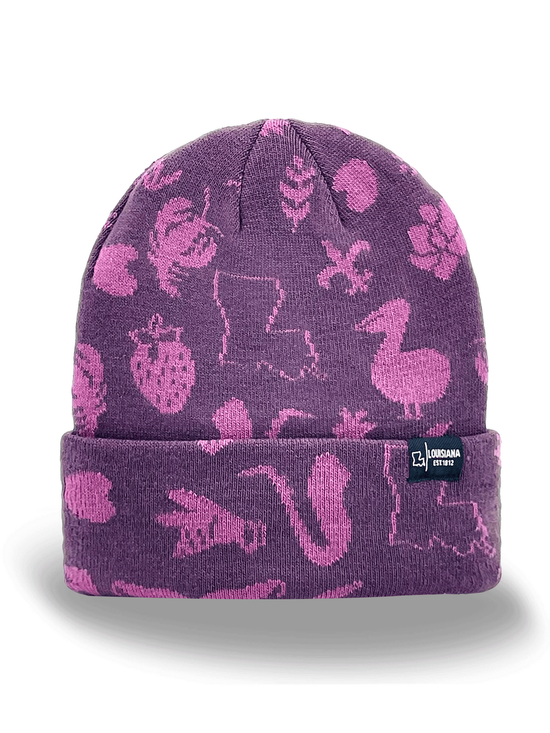 Louisiana State Knit Beanie Hat with Crawfish, Jazz Icons, Alligator, and Cultural Symbols