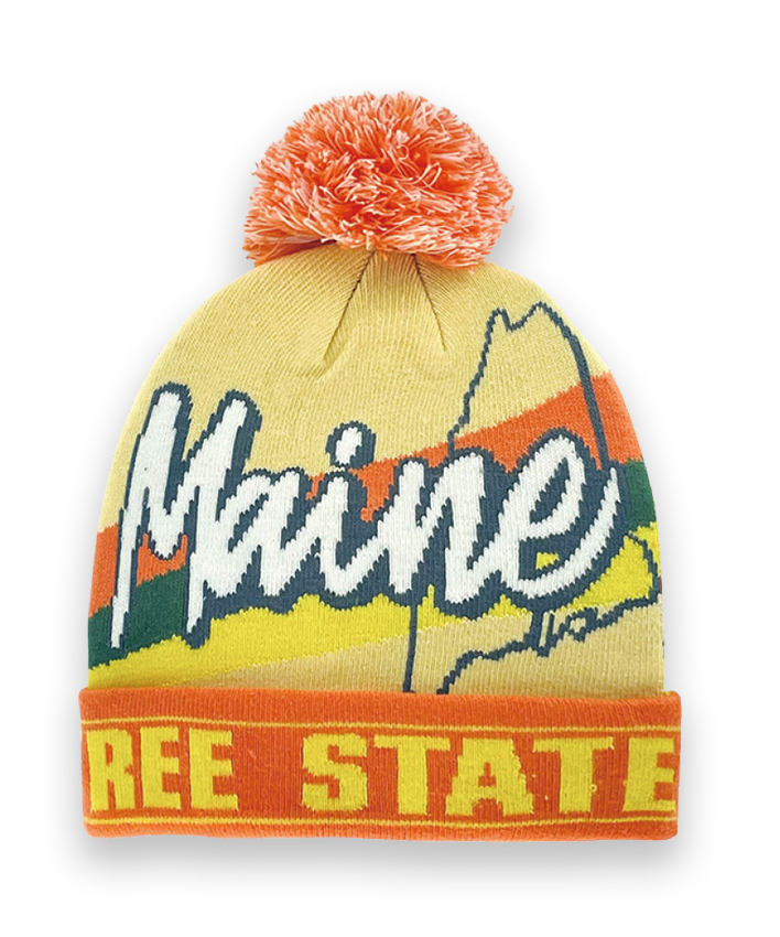 Maine Knit Beanie Hat with Pine Tree State Design Winter Pom Pom Cap